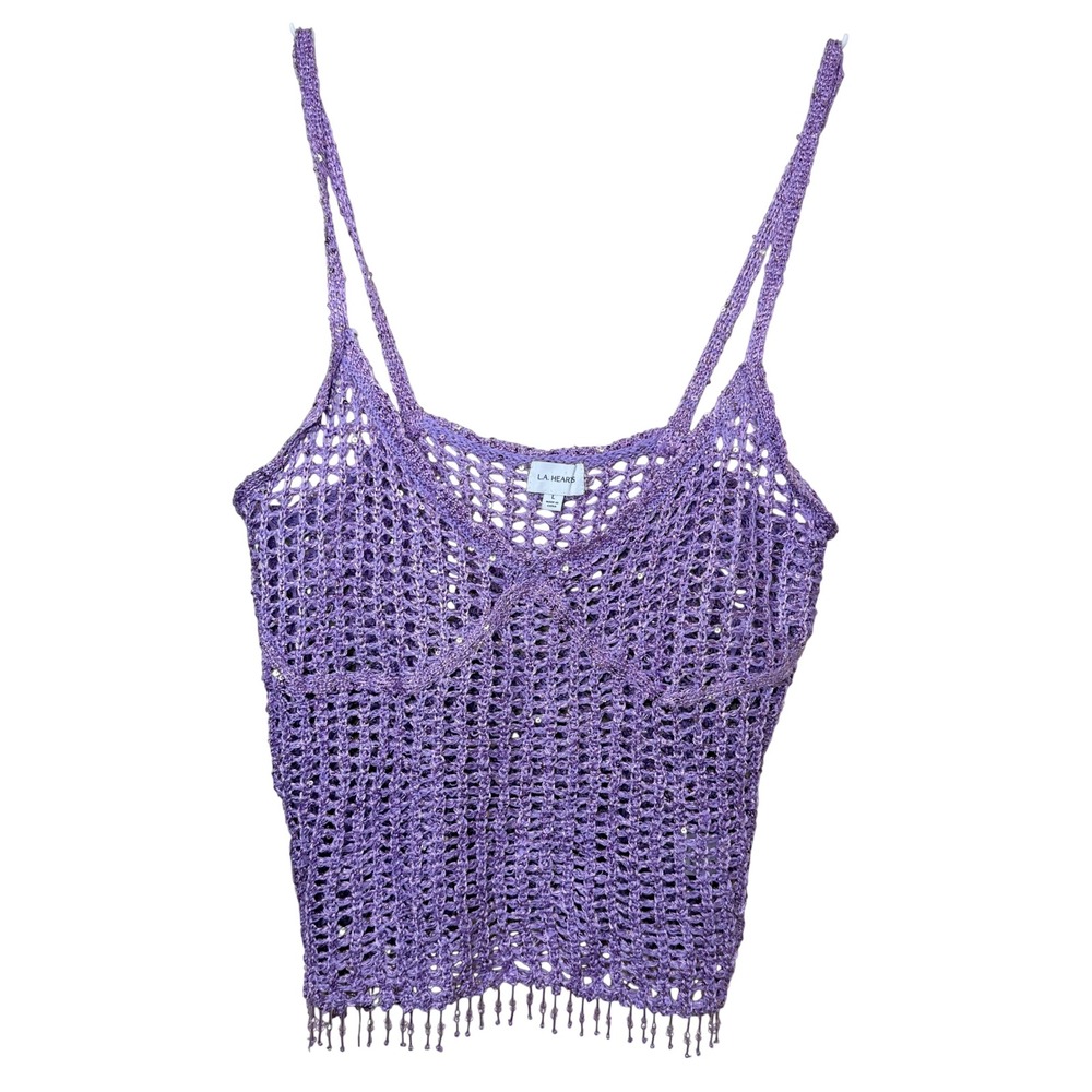 LA Hearts Crochet Cami Women Large Purple Beaded Sequin Open Knit Tank Top